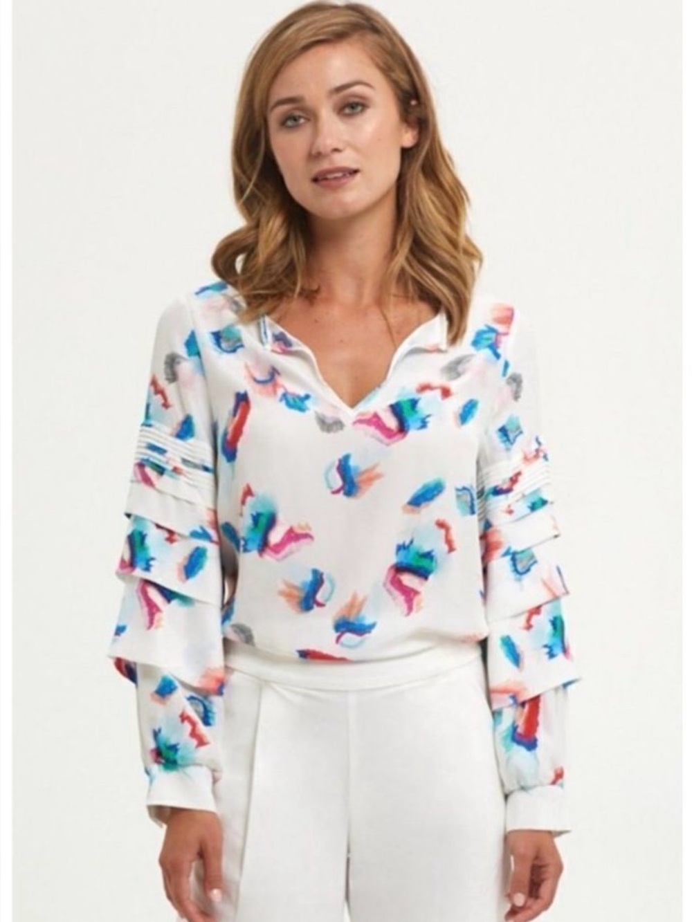 Marie Oliver Cullen Silk Blouse White Abstract Watercolor Print Medium